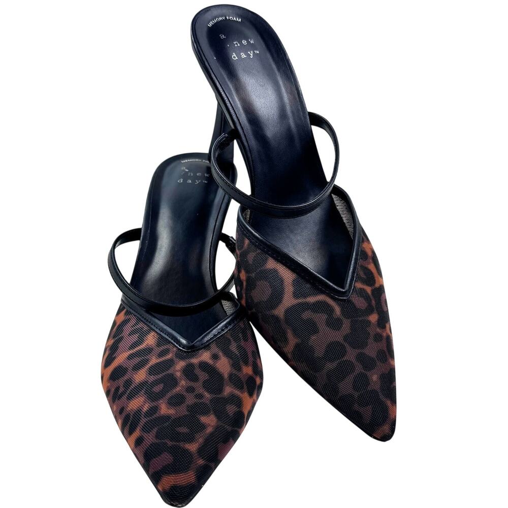 A New Day Sonia Animal Leopard Print Mesh Mule Heels Women's Size 9